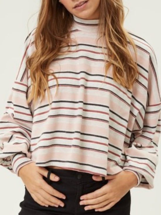 Free People Tops - Free People Pink Striped Mock-Neck Cropped Sweatshirt